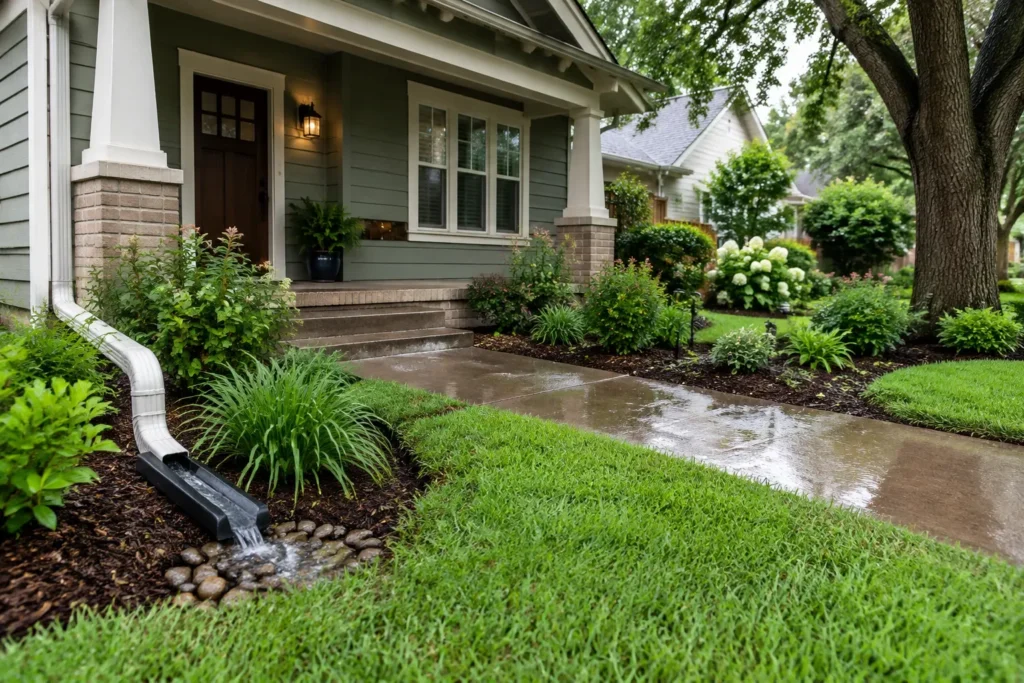 A gray bungalow with a covered front porch, wet concrete walkway, mature tree, shrubs, groundcover, lawn, and a downspout extension discharging beside a rock-lined planting bed.