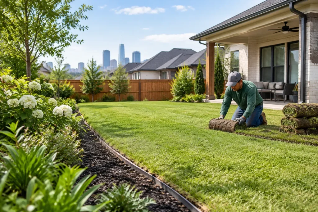 A worker kneels beside a lawn while handling a roll of turf near a mulched planting bed. A covered patio, shrubs, trees, a wooden fence, and a distant city skyline are visible.