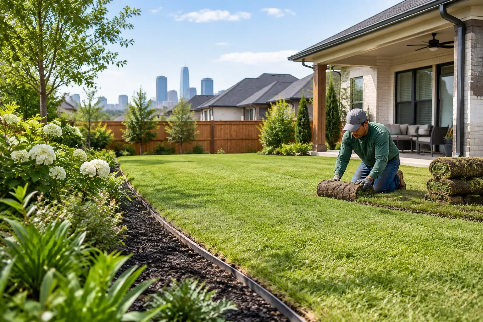 A worker kneels beside a lawn while handling a roll of turf near a mulched planting bed. A covered patio, shrubs, trees, a wooden fence, and a distant city skyline are visible.