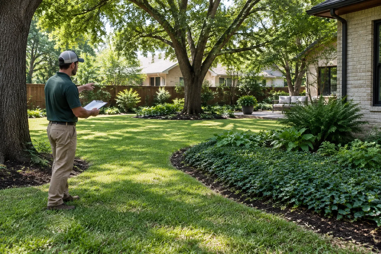 A landscaper holding a clipboard stands beside a shaded lawn beneath mature trees. A curved planting bed with groundcover and ferns borders the grass near a brick-sided house and patio.